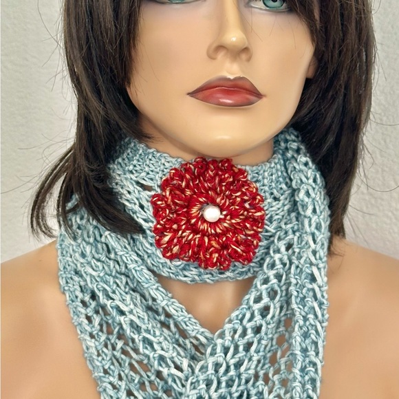 Hand Knits 2 Love Cotton Bandana Headband Scarf Lace Flower Beads Designer Sage - Picture 12 of 13